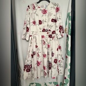 Simple Flora China White Floral 3/4sleeve Band waist Dress Size Large